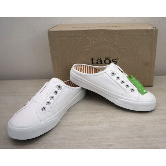 Taos 13666 Women's Sz 6M White Ez Soul Canvas Slip-On Lace-Less Mule Shoes - Picture 1 of 11